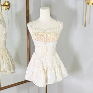 Coquette Momo Koala Floral Jacquard Corset Romper S Cream Lace Ribbon Cottagecor